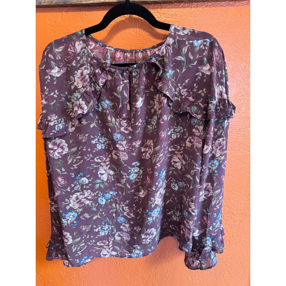 Plum Floral Ruffle Blouse Tiered Bell Sleeve Boho Top Purple Large
